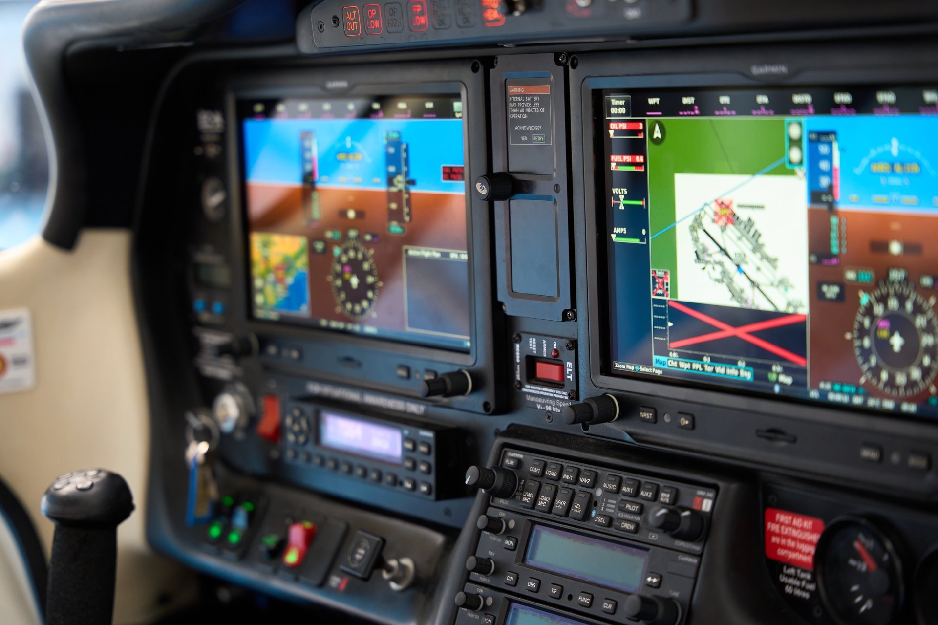 Close-up of a modern aircraft cockpit showcasing advanced instrumentation, navigation displays, and control systems, emphasizing technological advancements in aviation